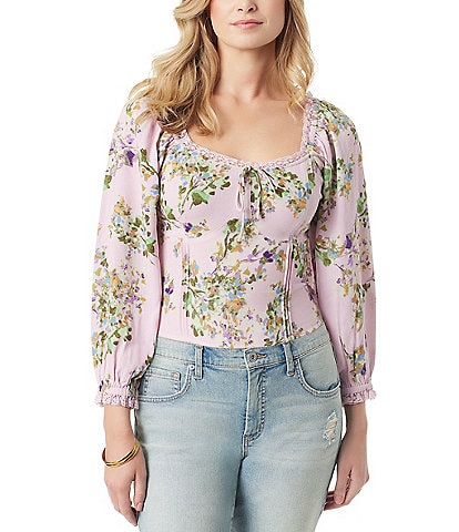 Jessica Simpson Illonia Floral Print Long Sleeve Smocked Back Corset Top