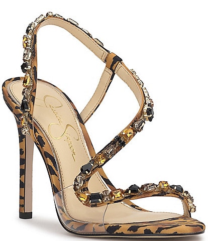 Jessica Simpson Jaycin Leopard Print Rhinestone Embellished Dress Sandals