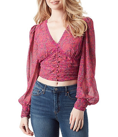 Jessica Simpson Laira Printed Long Sleeve Button Front Smocked Waist Cropped Blouse