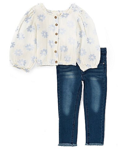 Jessica Simpson Little /Big Girls 2T-6X Long Sleeve Floral Print Top &Discharge Denim Jean Set