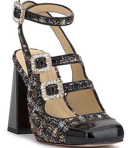 Jessica Simpson Lymen Tweed Rhinestone Buckle Strappy Pumps