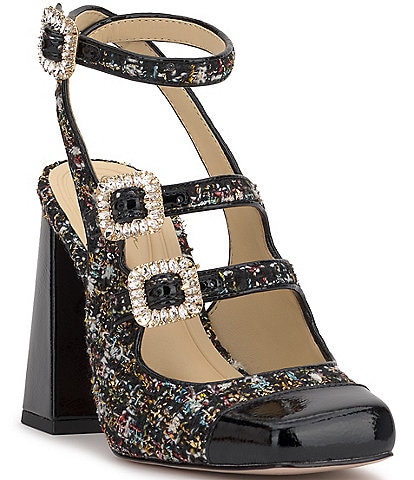 Jessica Simpson Lymen Tweed Strappy Embellished Buckle Pumps