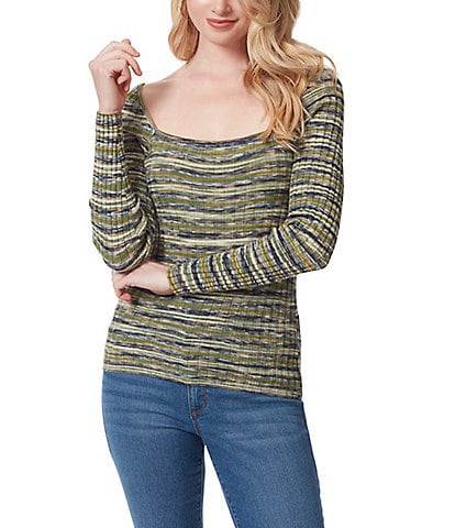 Jessica Simpson Neve Square Neck Long Sleeve Stripe Rib Sweater Top