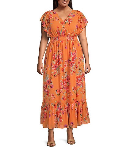 Jessica Simpson Plus Size Althea Floral Print Angel Sleeve Maxi Dress