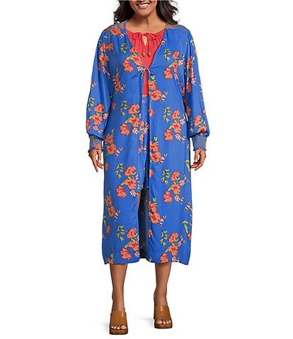 Jessica Simpson Plus Size Amalia Floral Deep V-Neck Long Bishop Sleeve Coordinating Tie Front Kimono