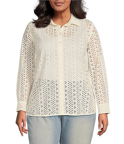 Jessica Simpson Plus Size Berly Point Collar Long Sleeve Button-Front Allover Eyelet Shirt