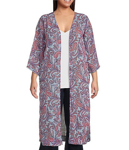 Jessica Simpson Plus Size Blakely Paisley Print Scallop Edge Sleeve Open-Front Kimono