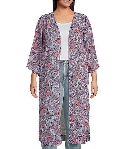 Jessica Simpson Plus Size Blakely Paisley Print Scallop Edge Sleeve Open-Front Kimono