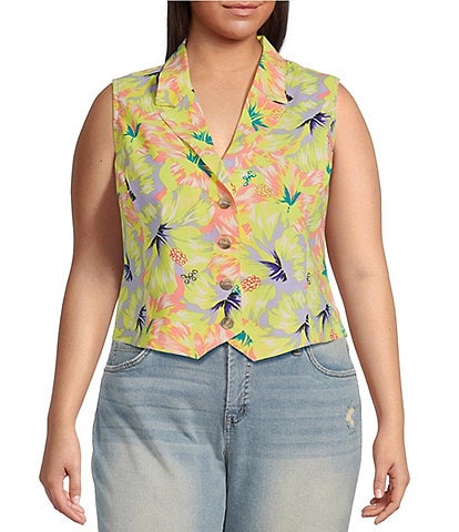Jessica Simpson Plus Size Embla Notch Collar Sleeveless Printed Vest