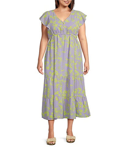 Jessica Simpson Plus Size Floral Printed Short Flutter Sleeve V-Neck Tiered Maxi Dress