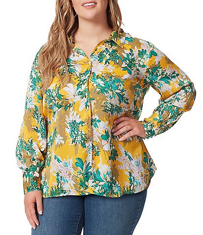 Jessica Simpson Plus Size Holland Floral Print Long Sleeve High-Low Button Front Top