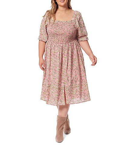 Jessica Simpson Plus Size Jax Floral Dot Print Square Neck Puff Sleeve Front Slit Smocked Midi Dress