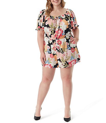 Jessica Simpson Plus Size Johanna Blooms In The Bay Print Short Sleeve Romper