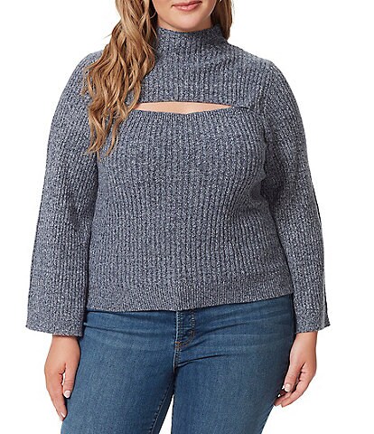 Jessica Simpson Plus Size Kaida Ribbed Heather Knit Mock Neck Long Sleeve Cut-Out Sweater