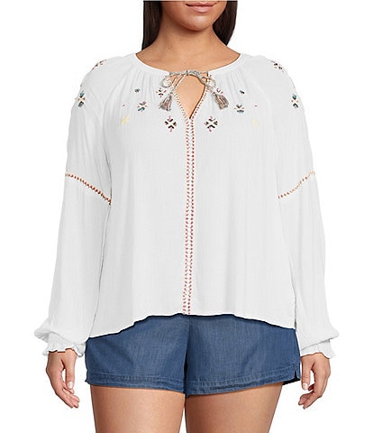 Jessica Simpson Plus Size Lissy Embroidered Long Sleeve Tassel Front Blouse
