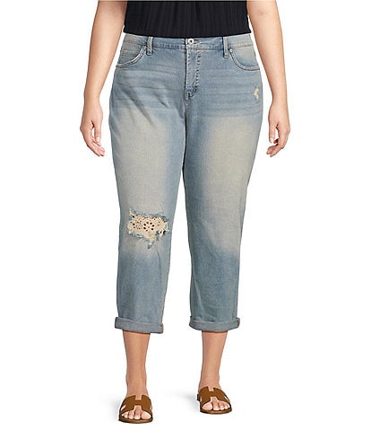 Jessica Simpson Plus Size Mika Bestie Stretch Denim Lace Patch Distressed Rolled Hem Slouchy Skinny Jeans