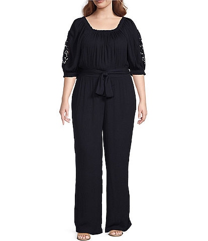 Jessica Simpson Plus Size Nadia Square Neck Lace Detail Elbow Sleeve Side Pocket Wide-Leg Belted Jumpsuit