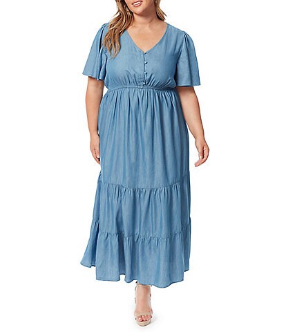 Jessica Simpson Plus Size Naomi Chambray V-Neck Flutter Sleeve Tiered Maxi Dress