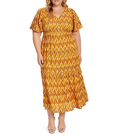 Jessica Simpson Plus Size Naomi Chevron Print V-Neck Flutter Sleeve Tiered Maxi Dress