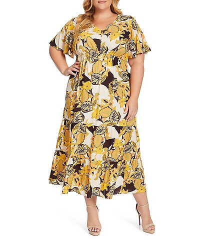 Jessica Simpson Plus Size Naomi Floral Print V-Neck Flutter Sleeve Tiered Maxi Dress