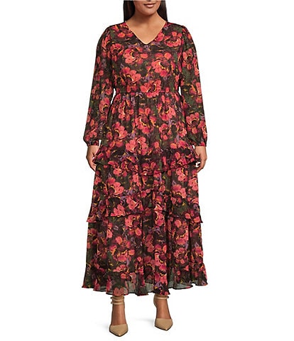 Jessica Simpson Plus Size Tabatha Floral Print V-neck Long Sleeve Tiered Maxi Dress
