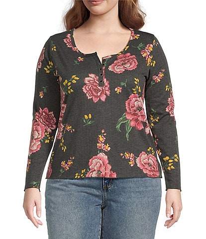 Jessica Simpson Plus Size Tahani Long Sleeve Sketchy Rose Printed Henley Top