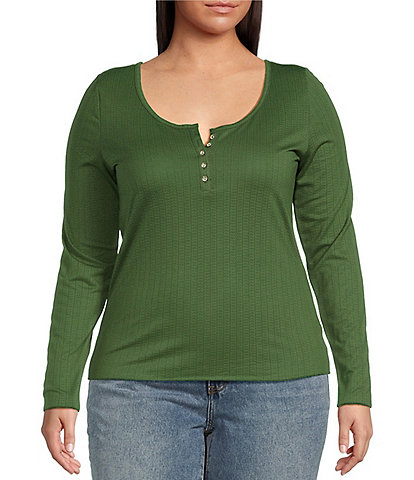 Jessica Simpson Plus Tahani Long Sleeve Solid Henley Top