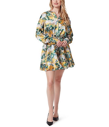 Jessica Simpson Shiloh V-Neck Long Sleeve Waist Tie Button Down Floral Print Dress