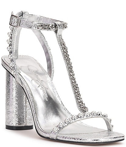 Jessica Simpson Siven Pearl Chain T-Strap Block Heel Dress Sandals