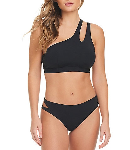 Jessica Simpson Solid One Shoulder Cut-Out Bandeau Swim Top & Cut-Out Hipster Swim Bottom