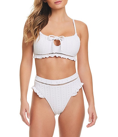 Jessica Simpson Stripe Crochet Keyhole Neck Ruffle Bikini Swim Top & High Waist Swim Bottom