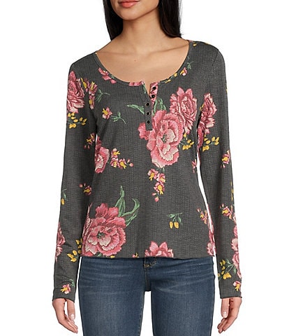 Jessica Simpson Tahani Long-Sleeve Sketchy Rose Printed Henley Top