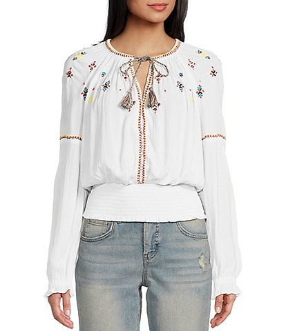 Jessica Simpson Tanuka Long Sleeve Embroidered Smocked Woven Blouse