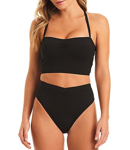 Jessica Simpson Textured Open Lace-Up Back Cropped Tank Swim Top & Side Shirred Hipster Swim Bottom