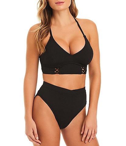 Jessica Simpson Textured Solid Cropped Cami Swim Top & Shirred Tab Side Hipster Swim Bottom