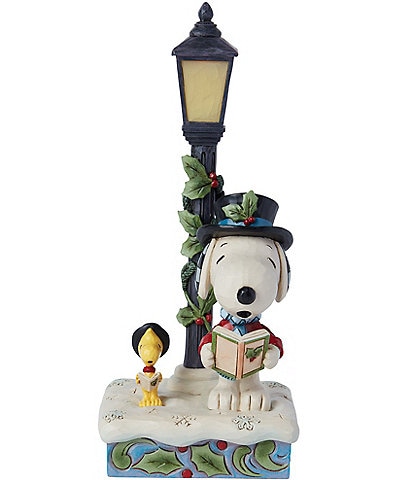 Jim Shore Peanuts Collection Snoopy & Woodstock next to Lit Lamp Post Figurine