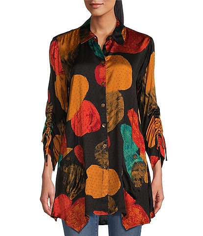 John Mark Abstract Dot Print Point Collar 3/4 Cinched Tie Sleeve Patch Pocket Button Front Jacquard Tunic