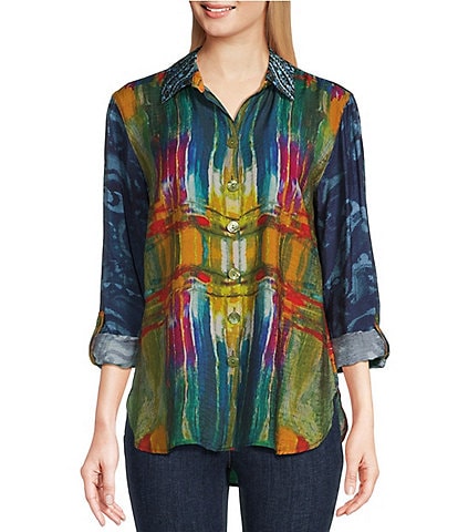 John Mark Abstract Floral Print Point Collar Roll-Tab Sleeve Woven Button Front Tunic