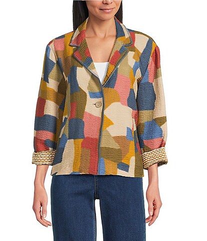 John Mark Abstract Geo Print Notch Collar Long Roll Sleeve Blanket Stitch Button Front Jacket