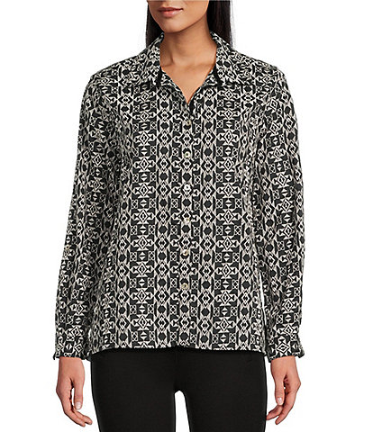 John Mark All Over Embroidered Triangular Geo Print Point Collar Long Roll Tab Sleeve Button Front Shirt