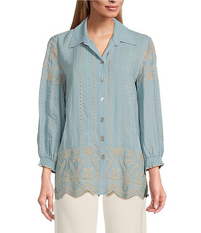 John Mark All Over Eyelet Embroidery Point Collar Smocked Cuff 3/4 Sleeve Scalloped Hem Button-Front Blouse