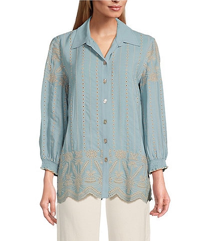 John Mark All Over Eyelet Embroidery Point Collar Smocked Cuff 3/4 Sleeve Scalloped Hem Button-Front Blouse
