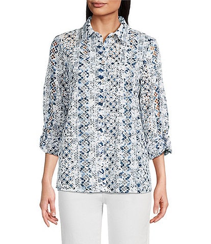 John Mark Allover Embroidered Eyelet Printed Point Collar Long Roll-Tab Sleeve Button Front Tunic