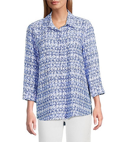 John Mark Allover Ikat Print Point Collar 3/4 Sleeve Hi-Low Hem Button Front Shirt