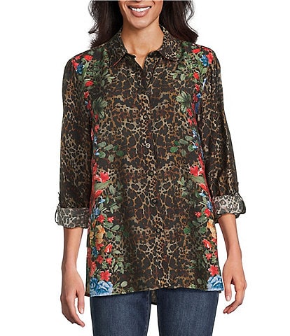 John Mark Animal Skin Floral Multi Print Point Collar Long Roll Tab Button Front Blouse