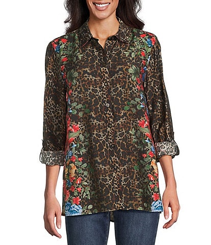 John Mark Animal Skin Floral Multi Print Point Collar Long Roll Tab Button Front Blouse