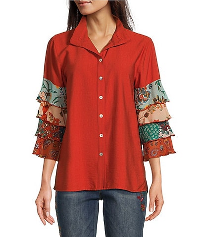 John Mark Collared 3/4 Printed Tiered Sleeve Button Down Top