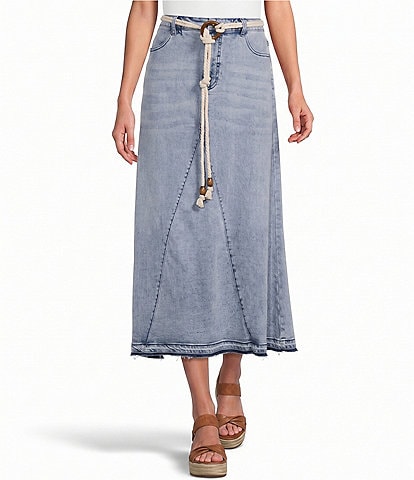 John Mark Denim Shark Bite Hem Fringe Belted Button Front Midi Skirt