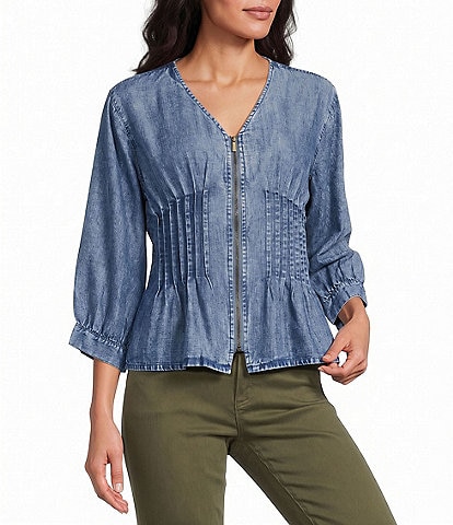 John Mark Denim V-Neck Long Button Cuffed Sleeve Pleated Smocked Waist Zip Front Top