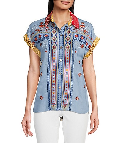 John Mark Embroiderd Eyelet Ditsy Floral Print Point Collar Short Fold Up Cuff Sleeve Button Front Tunic